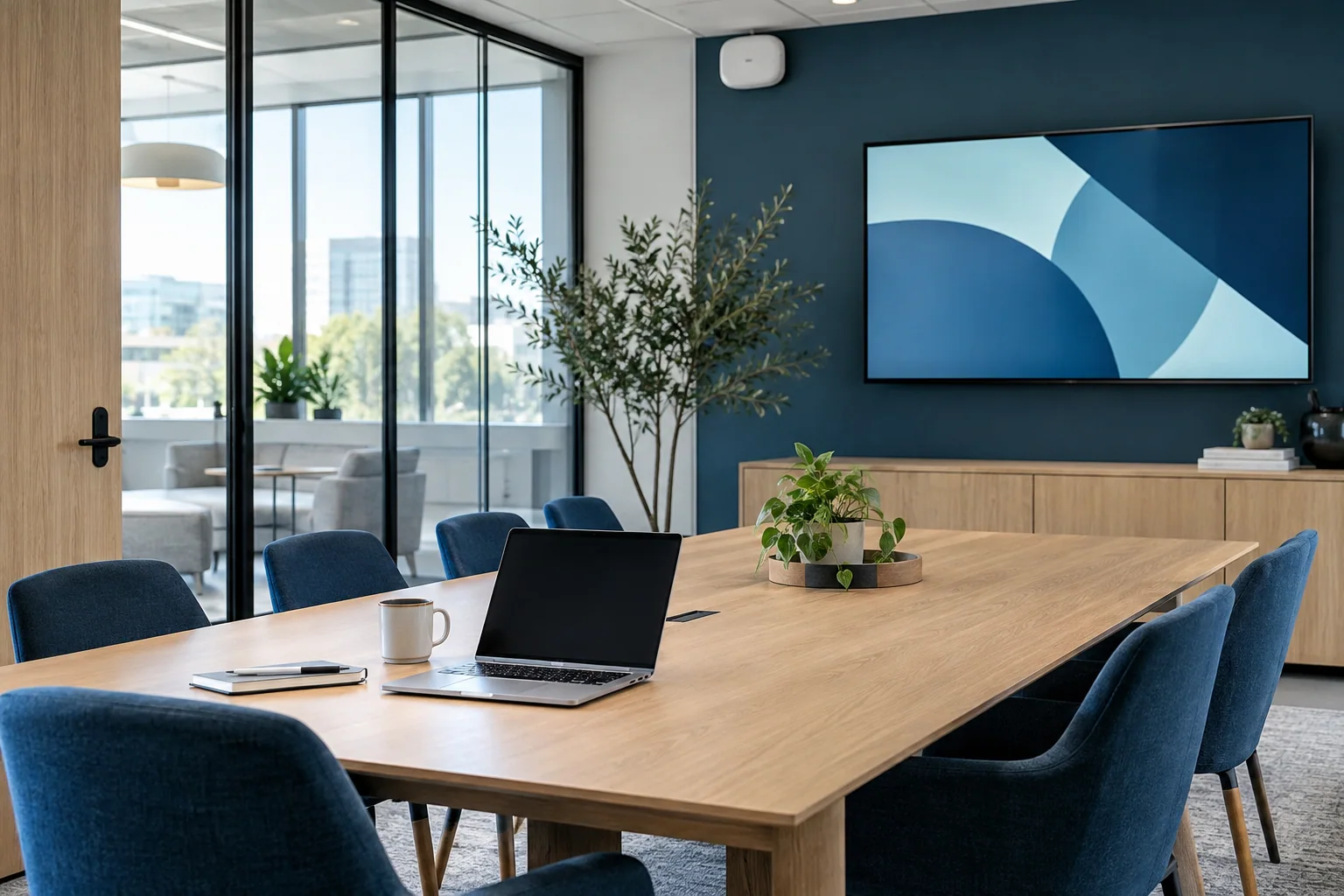 Illustrative contemporary workplace conference room and technology